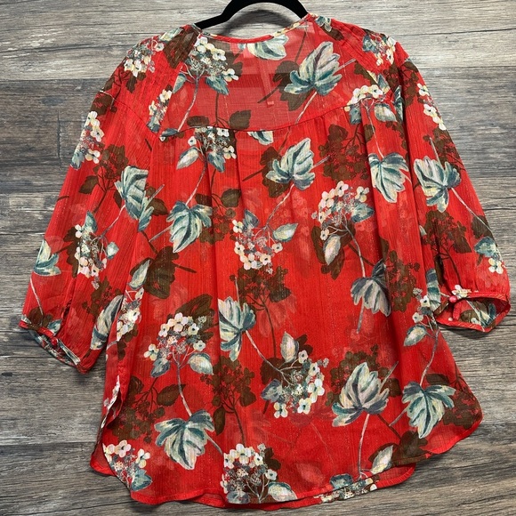 LC Lauren Conrad Red 3/4 Sleeve Blouse with Ruffled Style and Bib Collar - Picture 2 of 3